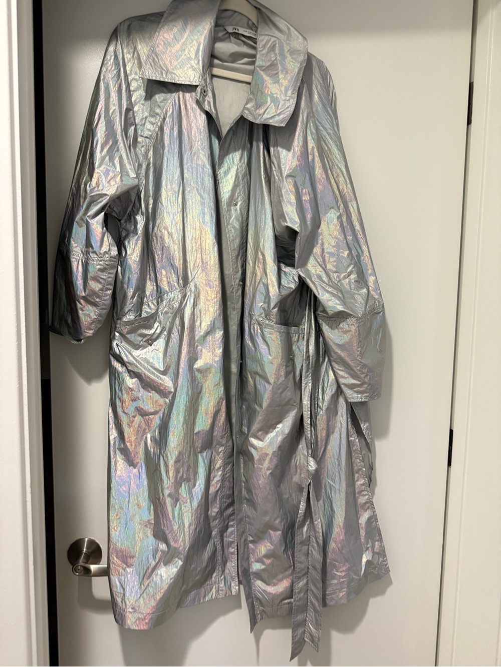 Zara Iridescent Silver Holographic Trench